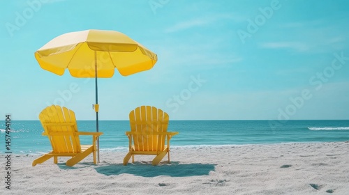 Sunny beach scene with yellow chairs and umbrella