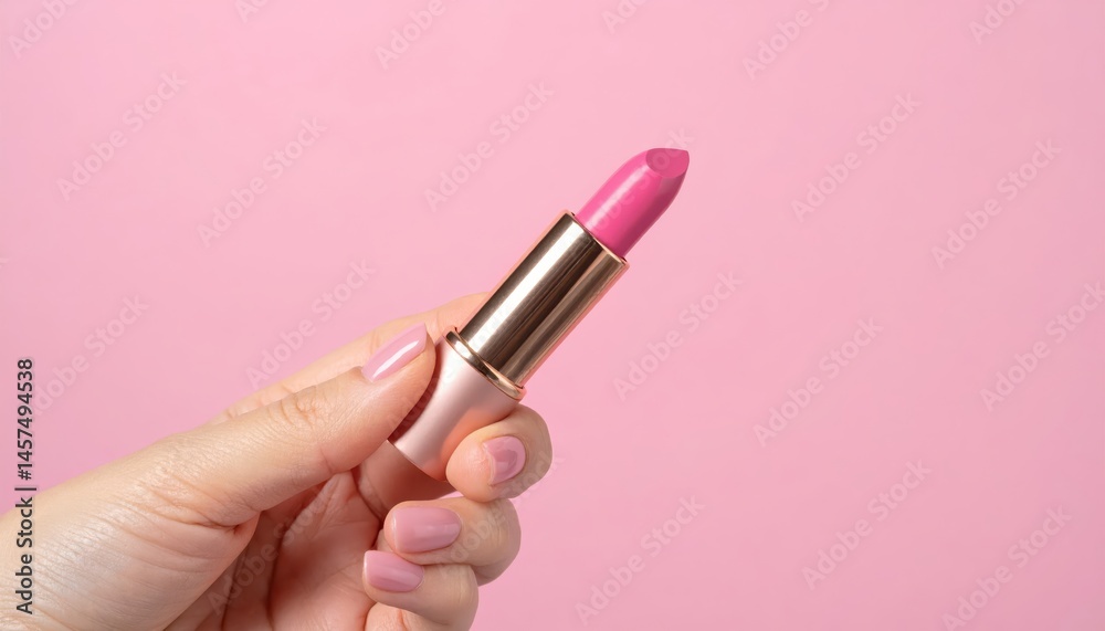 A hand with manicured nails holds a vibrant pink lipstick against a soft pink background, showcasing a beauty and self-care moment. A hand with manicured nails holds a vibrant pink lipstick against a soft pink background, showcasing a beauty and self-care moment.