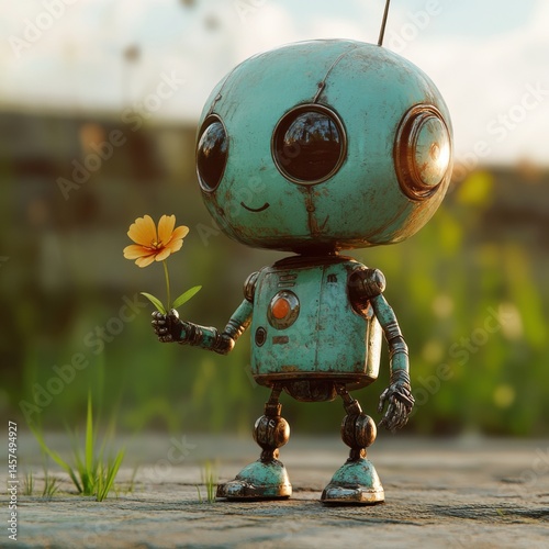 A 3D caricature of a robot holding a tiny flower.