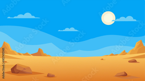 Desolate Landscape A wide view of a dusty land with sp vegetation sunbleached rocks and a clear blue sky emphasizing the harshness of the climate.