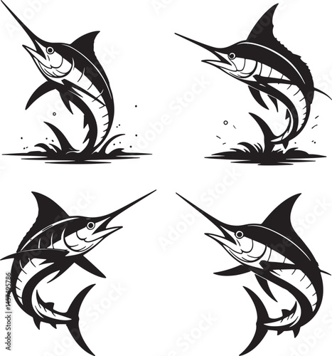 Marlin fish silhouette set vector illustration isolated On Transparent Background
