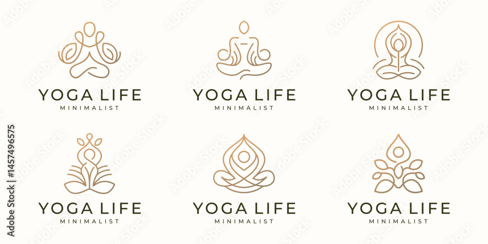 set of Abstract yoga human linear logo. Thread person balance gold color brand. set of Abstract yoga human linear logo. Thread person balance gold color brand.