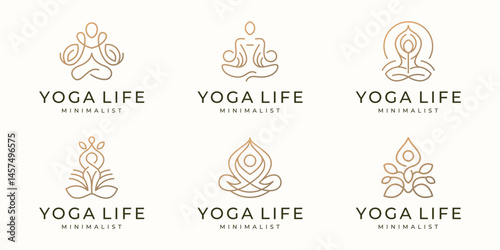 set of Abstract yoga human linear logo. Thread person balance gold color brand.