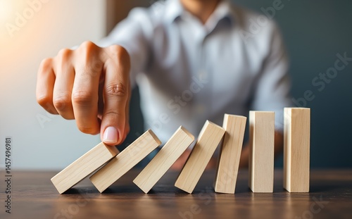 Stopping The Domino Effect: A person's decisive action interrupts a chain reaction of wooden blocks, symbolizing control and preventing a crisis.