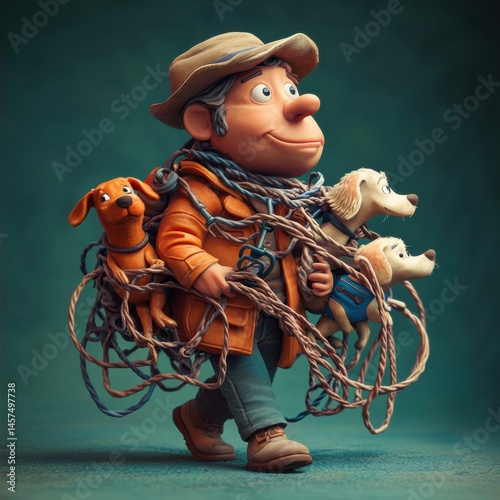 A 3D caricature of a dog walker tangled in oversized leashes. photo