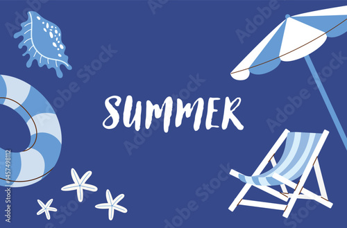 Minimal summer card with blue background. Deck chair, beach umbrella, seashell and lifebuoy in simple flat style. Seasonal banner or summer holiday greeting card.