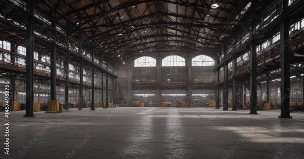 Naklejka premium Spacious industrial interior High ceiling, metal framework , room, building