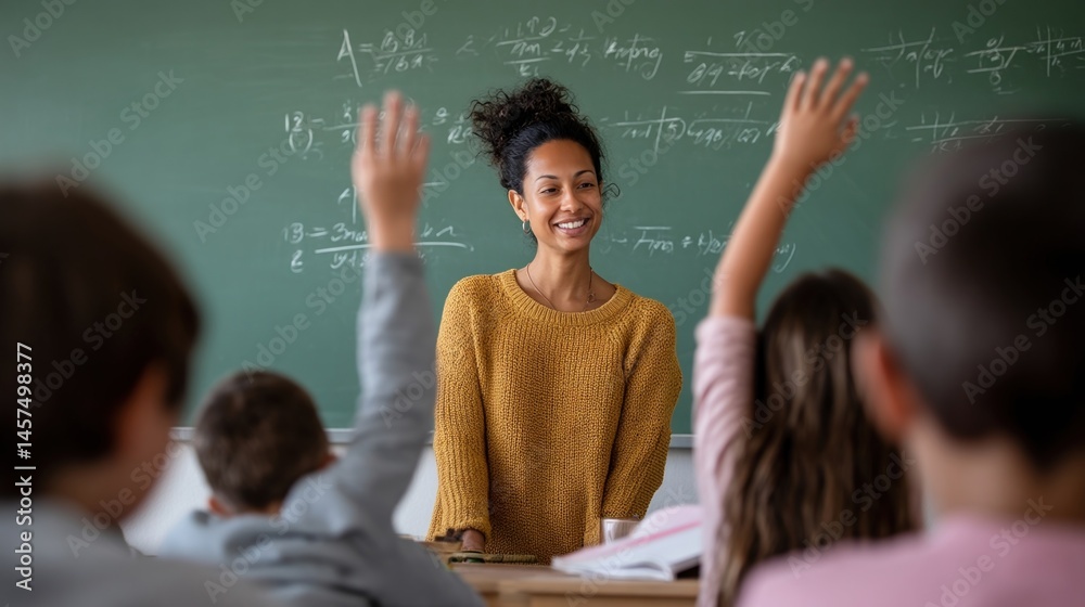 A teacher at a chalkboard enthusiastically writing equations while students raise their hands to participate highlighting an interactive math lesson.