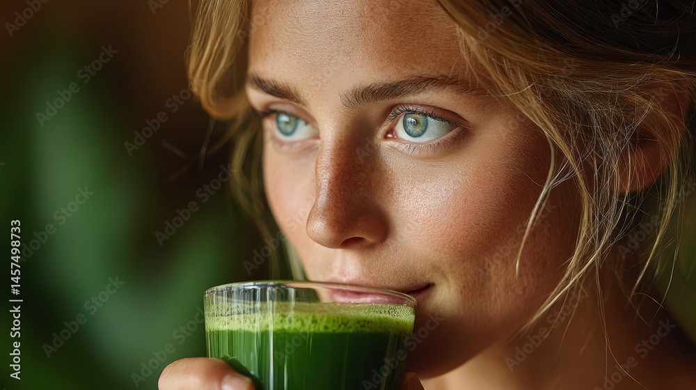 A young woman sipping green juice at a wellness center, reflecting the lifestyle choices promoted by a health-focused wellness brand A young woman sipping green juice at a wellness center, reflecting the lifestyle choices promoted by a health-focused wellness brand