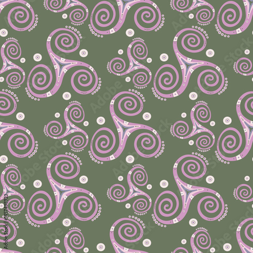 Pagan triple spiral celtic triskele rotating sign repeating pattern. Trinity helix triskele whirlpool sacred geometry. Wiccan joining spirals mysterious motif. Eternity symbol ornament.