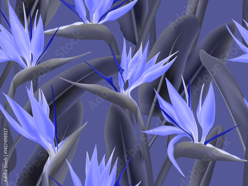 Palm leaves and Strelitzia Reginae  seamless pattern, bird of paradise,  cran...