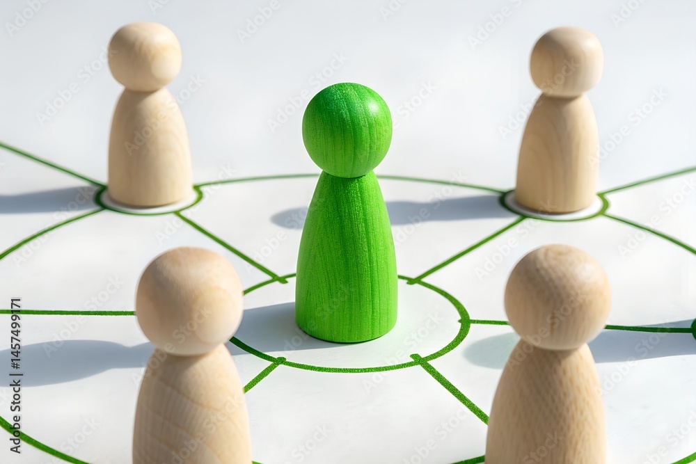 Obraz premium Leadership & Unity: A top-down view of interconnected wooden figures on a white background, with a distinctive green figure at the center, symbolizing leadership and the cohesion of a strong network.