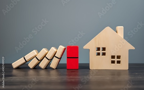Domino Effect on Home: A line of dominoes on a tabletop are about to hit the one with the red color.  They are positioned to knock down a small wooden house model symbolizing the impending impact.