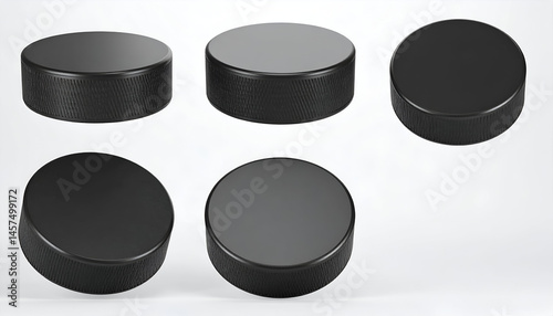 Five Black Hockey Pucks Sports Equipment, Game, Ice, Rink, Puck