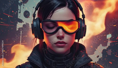 Confident girl with headphones and glasses in front of rising flames
