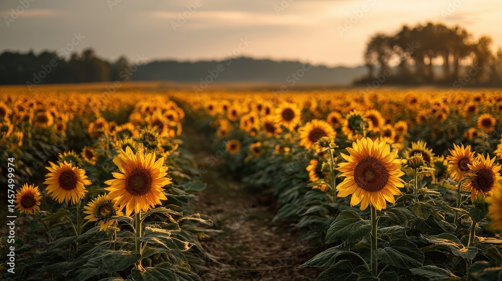 Fototapeta premium Vibrant sunflower field at sunset with a peaceful landscape in the background.