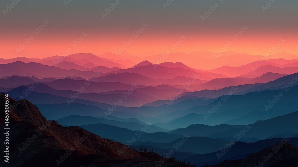 Obraz premium Vibrant mountain landscape at sunset with layered peaks and colorful sky.