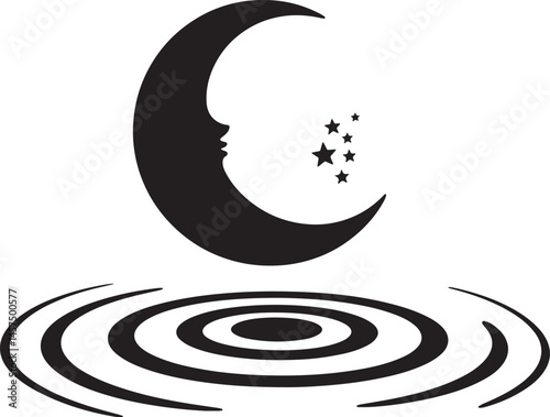  A crescent moon with a serene face seems to be reflected in a still pond. Stars twinkle gently above, adding a touch of magic to the scene.