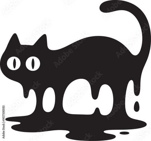 A whimsical illustration of a black cat appearing to melt, a unique depiction of a feline form with an artistic twist.