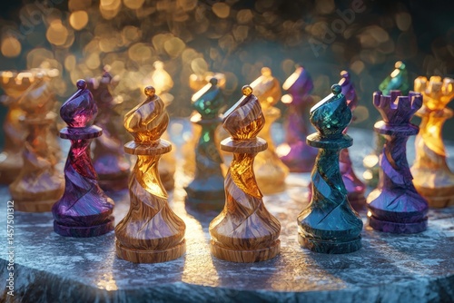 Intricately carved chess pieces, illuminated by warm light, showcase artistry and strategic gameplay.