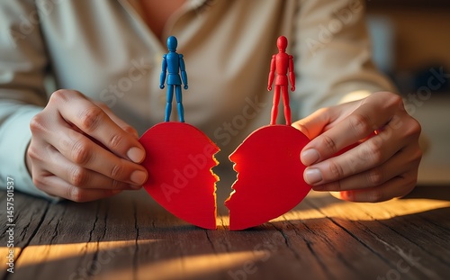 Heartbreak's Divide: A poignant image capturing the emotional turmoil of relationship strife, with a shattered heart held by hands and figurines representing division and separation.