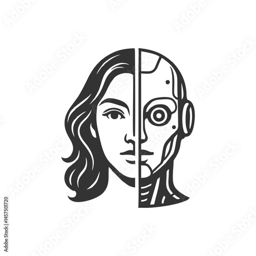 Cyborg Human Fusion. Silhouette Hand Drawn Sketch Line Art Black and White Isolated Vintage Retro Design Logo Vector. Suitable for industries: technology, robotics, sci-fi, futuristic, gaming