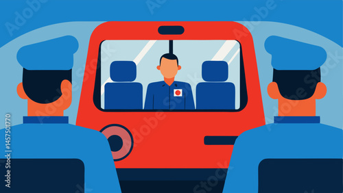 Inside the Van An interior view showing two prisoners sitting on benches handcuffed with a police officer stationed in the front cabin looking through the rearview mirror.