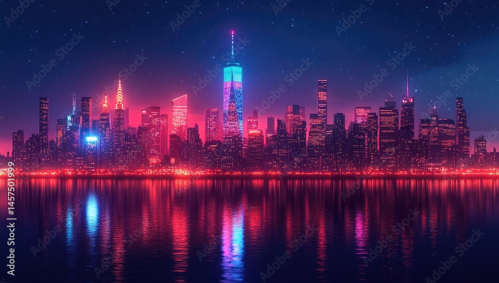 Fototapeta premium Neon Cityscape Night View of Manhattan Skyline