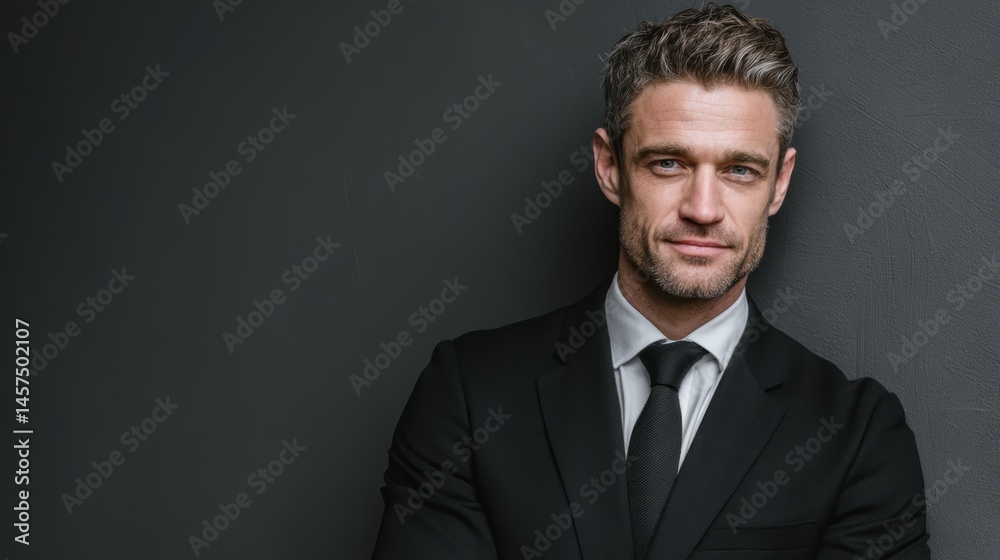 Portrait of a successful corporate lawyer, dressed in a classic black suit, exuding confidence, standing in front of a subtle grey backdrop Portrait of a successful corporate lawyer, dressed in a classic black suit, exuding confidence, standing in front of a subtle grey backdrop