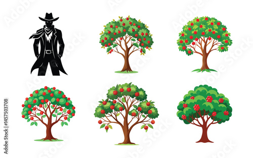 Mysterious Man and Fruit Trees Red Fruit Green Leaves