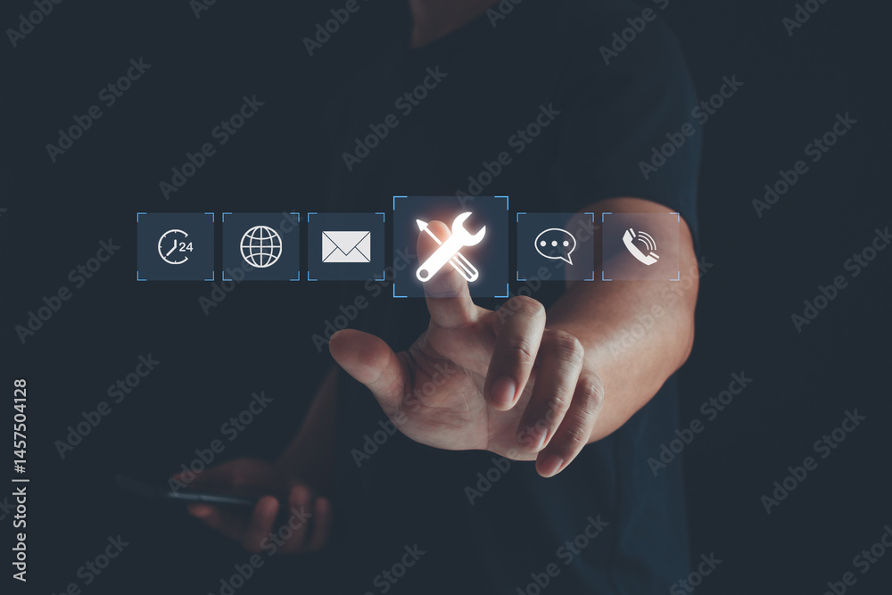 Technical Support Customer Service Concept. Tool with icons for customer service, 24 hrs 7 day support, communication, and technical maintenance. business technology in customer assistance. Technical Support Customer Service Concept. Tool with icons for customer service, 24 hrs 7 day support, communication, and technical maintenance. business technology in customer assistance.