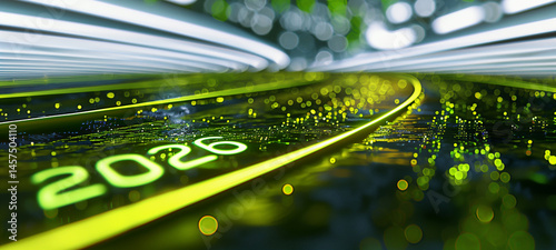  Futuristic highway with glowing neon lines and digital particles. Year “2026” on the surface. Concept of speed, progress, and technology evolution.