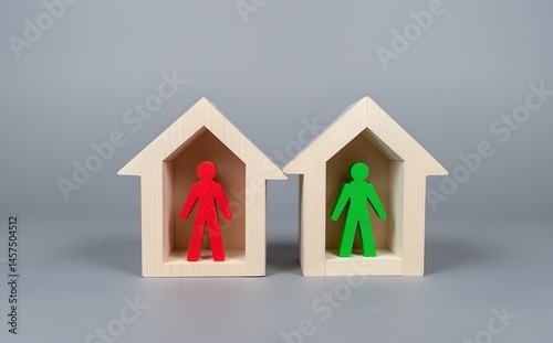 Differentiated Housing: Symbolic wooden houses with colorful figures, signifying separate dwellings or individuality within a housing setting, against a neutral backdrop. 