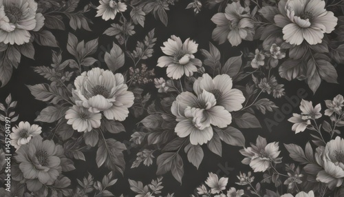 Subtle charcoal floral wallpaper; delicate blooms & leaves, vintage print ,  floral,  botanical,  dark