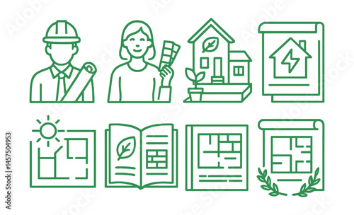 Line style icons of green architecture and design: sustainable architect, eco interior designer, green building model, energy-efficient home plan, daylight layout, materials catalog, solar shading