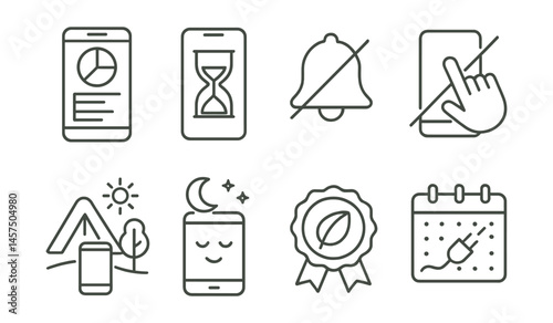 Line style icons of digital wellbeing: screen time tracker, app limit icon, notification bell off, no scroll symbol, tech-free zone sign, device sleep mode, digital detox badge, unplug habit chart.
