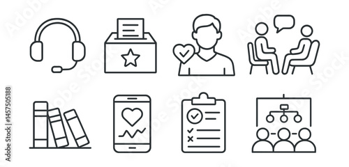 Line style icons of employee support programs: wellness hotline, anonymous feedback box, mental health coach icon, in-house counselor, resource library, wellbeing tracker app, crisis response plan,
