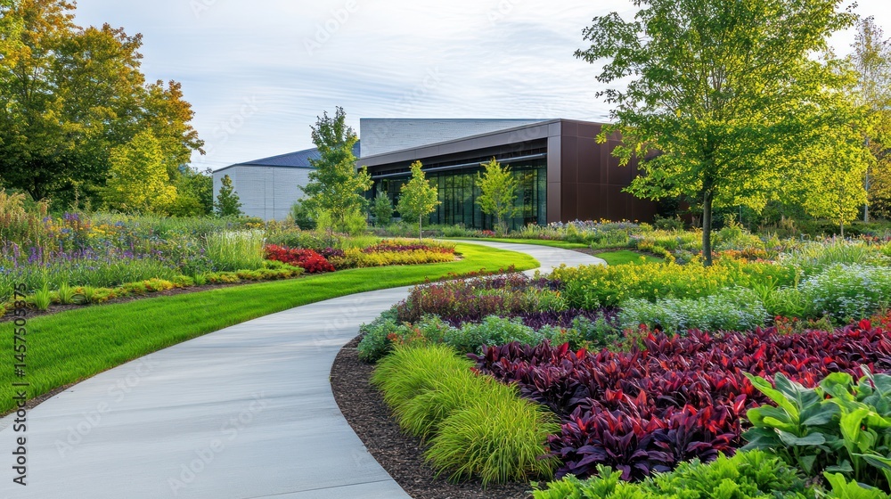Fototapeta premium Modern building nestled within a vibrant landscaped garden. A curving pathway winds through colorful flowerbeds and lush greenery
