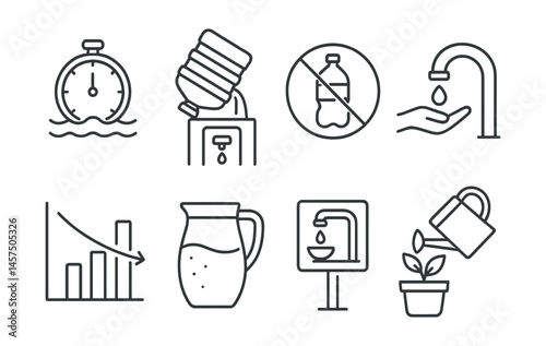 Line style icons of water-saving behaviors: short wash timer, refill cooler jug, no single-use bottle sign, tap with sensor, water use chart, reusable pitcher, hydration station sign, plant water
