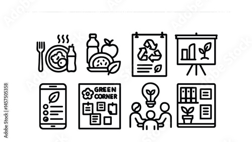 Line style icons of workplace sustainability education: lunch & learn icon, eco tip of the week flyer, poster campaign, training session screen, staff eco quiz, green corner board, team brainstorm