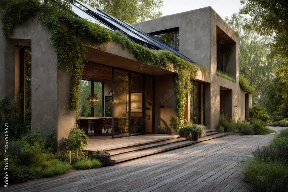 Exterior view of unique residence with wooden deck, garden and glass walls offering natural lighting for modern living Exterior view of unique residence with wooden deck, garden and glass walls offering natural lighting for modern living