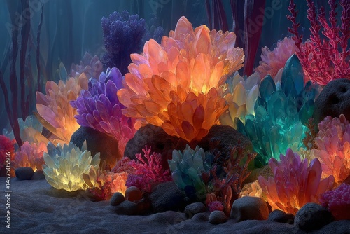 Vibrant Underwater Scene with Colorful Crystals, Coral Formations, and Exotic Aquatic Life on a Dark Seabed