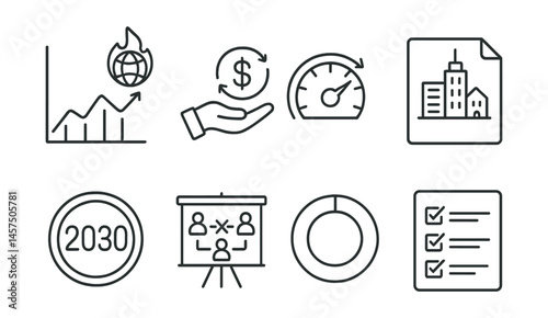 Line style icons of long-term climate resilience goals: climate timeline chart, resilience funding icon, adaptation index meter, city audit file, 2030 strategy badge, stakeholder alignment board,