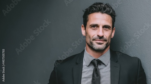 A corporate lawyer wearing a black suit, confidently standing in front of a grey background, displaying a calm and authoritative presence photo