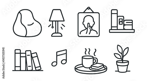 Line style icons of teen relaxation spaces: cozy beanbag chair, low light lamp, quiet zone sign, personal comfort shelf, favorite books row, chill music symbol, snack and tea tray, small plant on