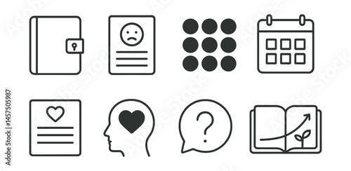 Line style icons of journaling for emotional growth: notebook with lock icon, feeling prompts card, mood colors section, daily entry calendar, gratitude entry, emotional reflection icon,