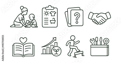 Line style icons of age-attuned parenting: toddler floor play icon, preschool visual routine, preteen question card, teen trust symbol, shared journal page, growth awareness chart, stage-specific
