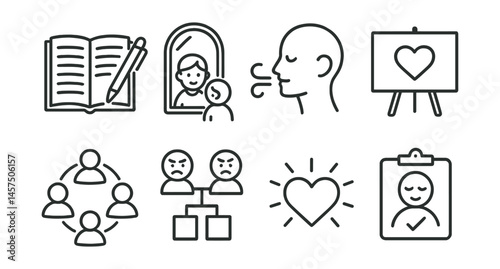Line style icons of parenting reflection and growth: journal with pen, inner child mirror, calm breath log, parenting value board, support network circle, learning from conflict chart, compassion