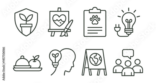 Line style icons of eco-themed school clubs: plant care badge, art from waste icon, animal welfare chart, energy savers group, local food tasting tray, green innovators team, poster creators crew,