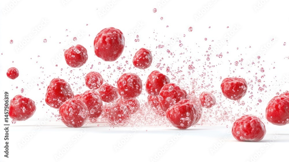 Fototapeta premium Fresh raspberries splashing in water dynamic food image